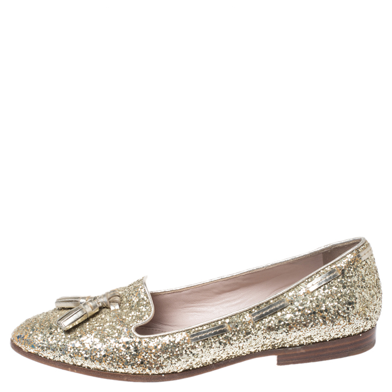 

Miu Miu Gold Coarse Glitter Fabric And Leather Tassel Pointed Toe Flats Size