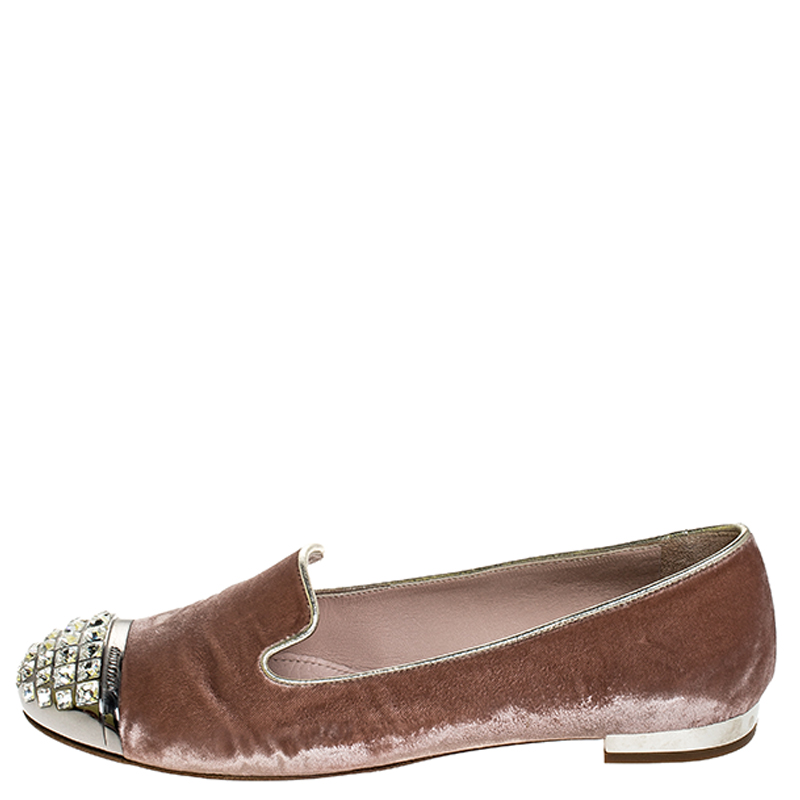 

Miu Miu Pale Pink Velvet Crystal Embellished Cap Toe Smoking Slippers Size