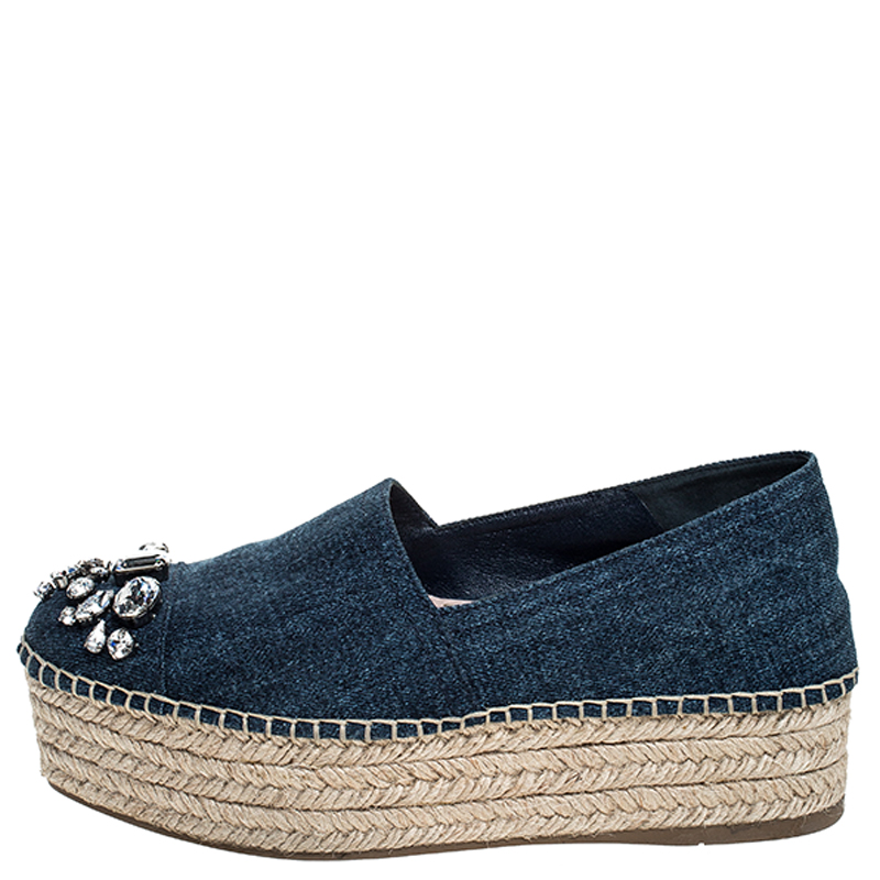 

Miu Miu Blue Crystal Embellished Denim Platform Espadrilles Size