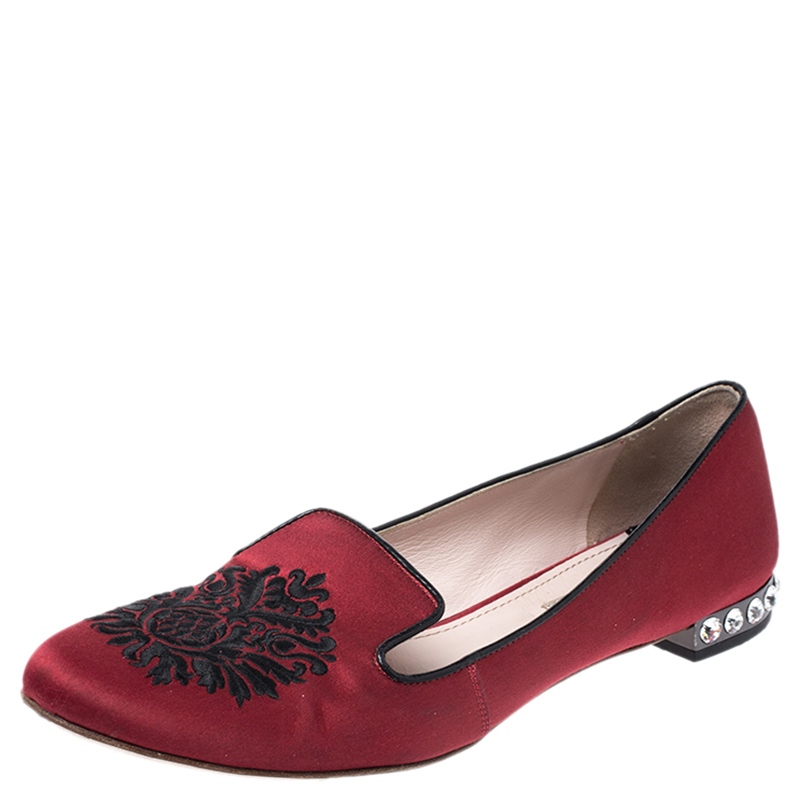 

Miu Miu Red Satin Embroidered Crystal Studded Smoking Slippers Size