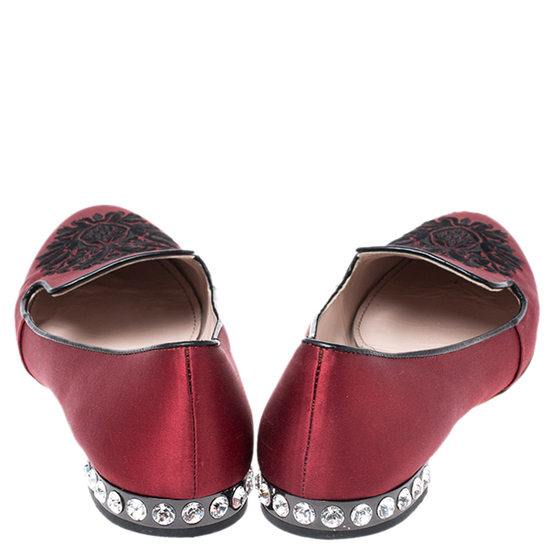 Pre-owned Miu Miu Red Satin Embroidered Crystal Studded Smoking Slippers Size 38.5