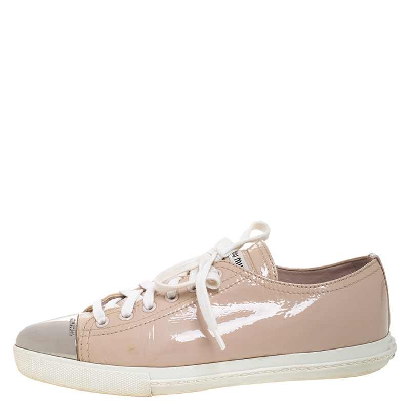 

Miu Miu Beige Patent Leather Metal Cap Toe Lace Up Sneakers Size
