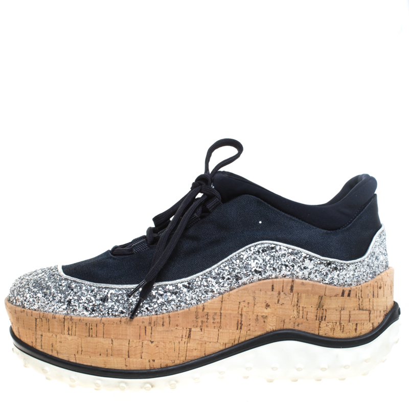 

Miu Miu Dark Blue Satin And Coarse Glitter Leather Platform Lace Up Sneakers Size