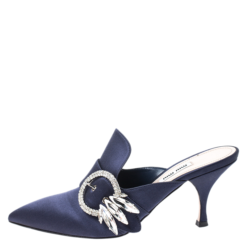 

Miu Miu Navy Blue Satin Crystal Embellished Buckle Mule Sandals Size