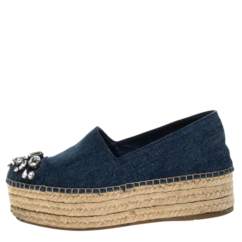 

Miu Miu Blue Denim Fabric Crystal Embellished Espadrilles Flats Size