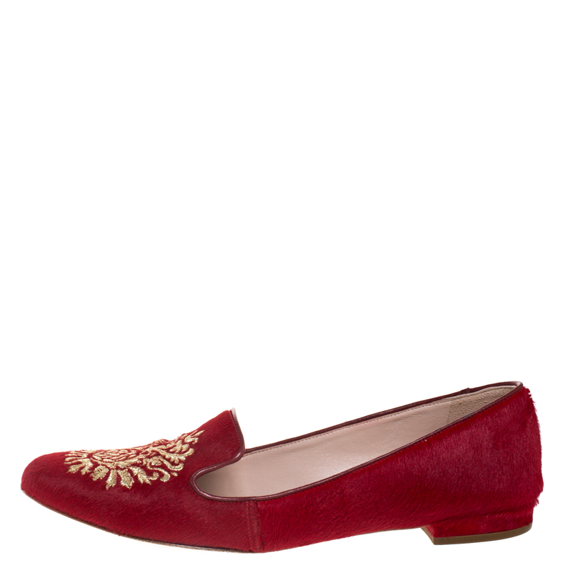 

Miu Miu Red Pony Hair Crest Embellished Smoking Slippers Size