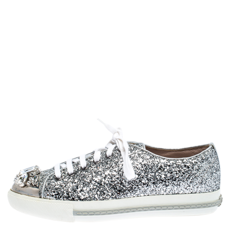 

Miu Miu Silver Glitter Crystal Embellished Lace Up Sneakers Size
