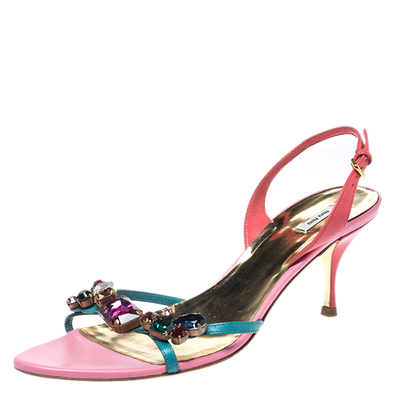 Miu Miu Multicolor Crystal Embellished Leather Slingback Sandals Size 38