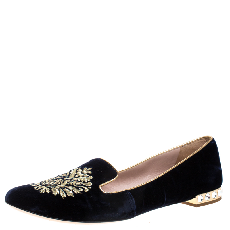 Miu Miu Black Velvet Crest Embellished Smoking Slippers Size 40
