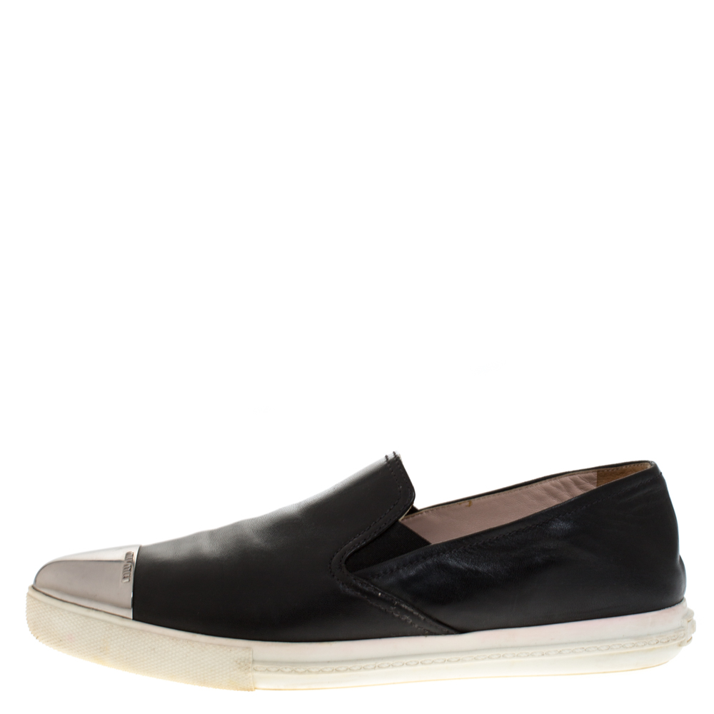 

Miu Miu Black Leather Metal Cap Toe Sneakers Size