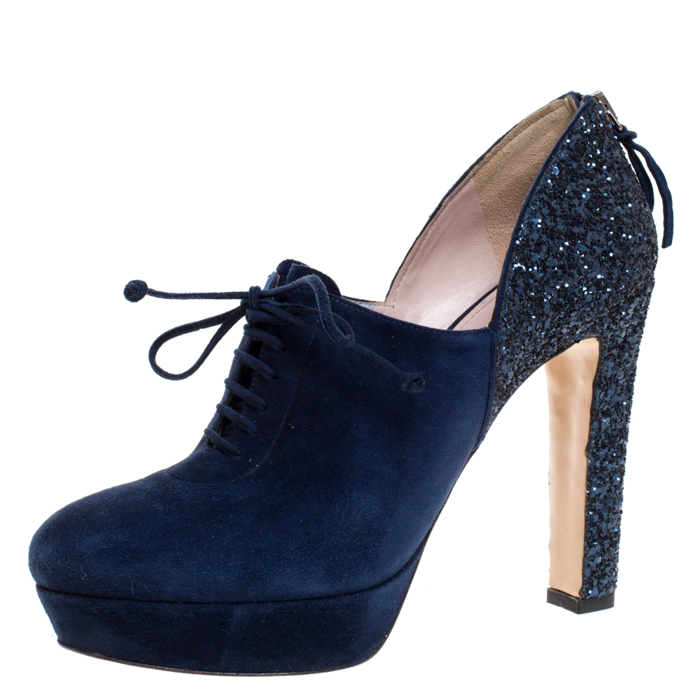 Miu Miu Navy Blue Suede and Glitter Lace Booties Size 38