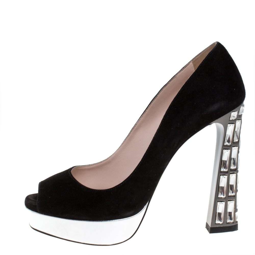 

Miu Miu Black Suede Crystal Heel Peep Toe Platform Pumps Size