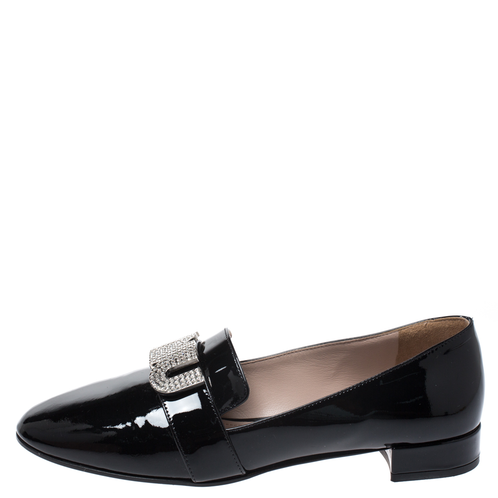 

Miu Miu Black Patent Leather Crystal Embellshed Logo Ballet Flats Size