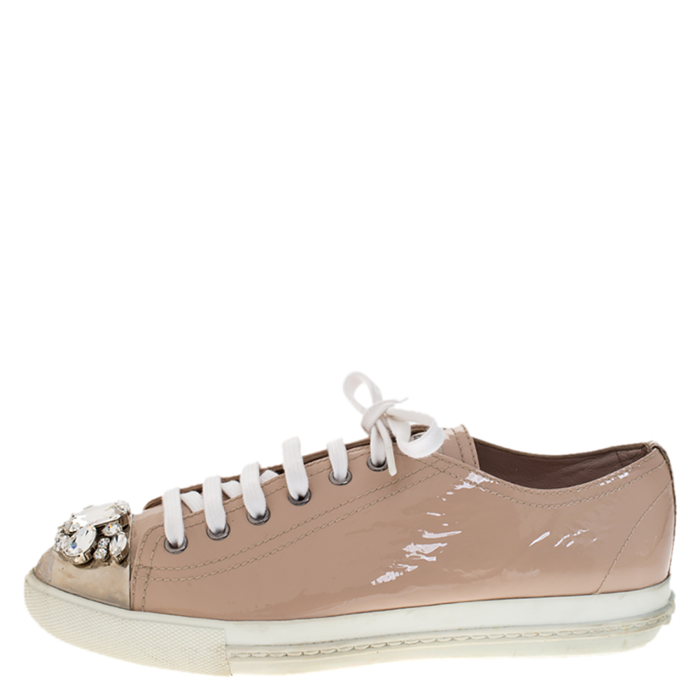 

Miu Miu Beige Patent Leather Crystal Embellished Cap Toe Lace Up Sneakers Size