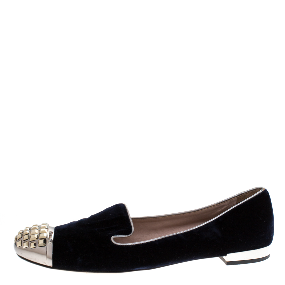 

Miu Miu Blue Velvet Crystal Embellished Cap Toe Smoking Slippers Size