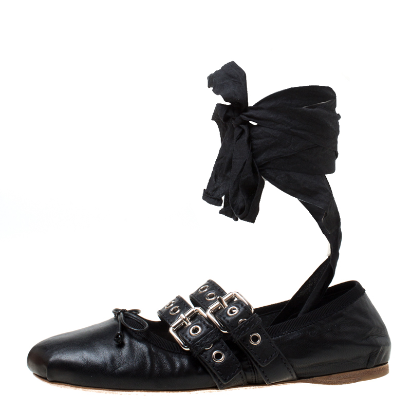 

Miu Miu Black Leather Buckle Bow Ballet Flats Size