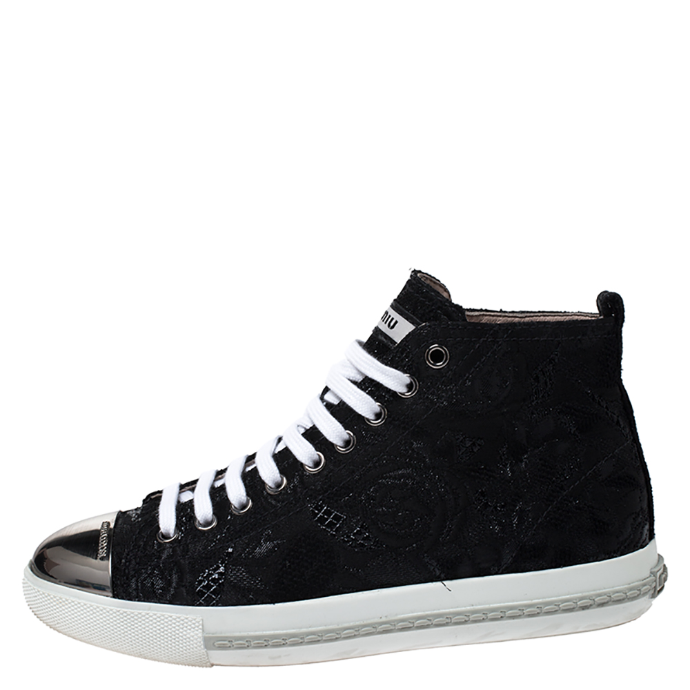 

Miu Miu Black Brocade Fabric Metal Cap Lace Up Sneakers Size