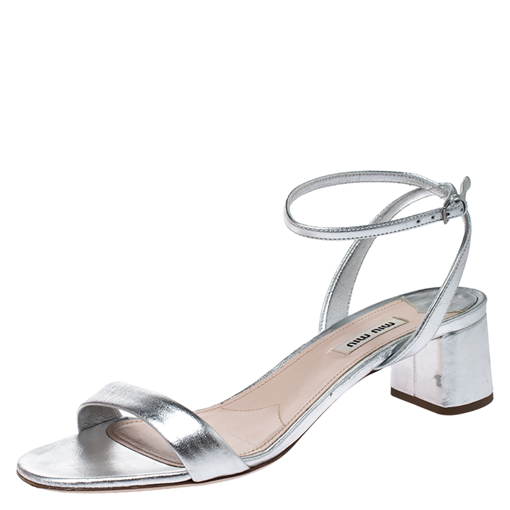 Pre-owned Miu Miu Metallic Silver Leather Ankle Strap Block Heel Sandals Size 39.5