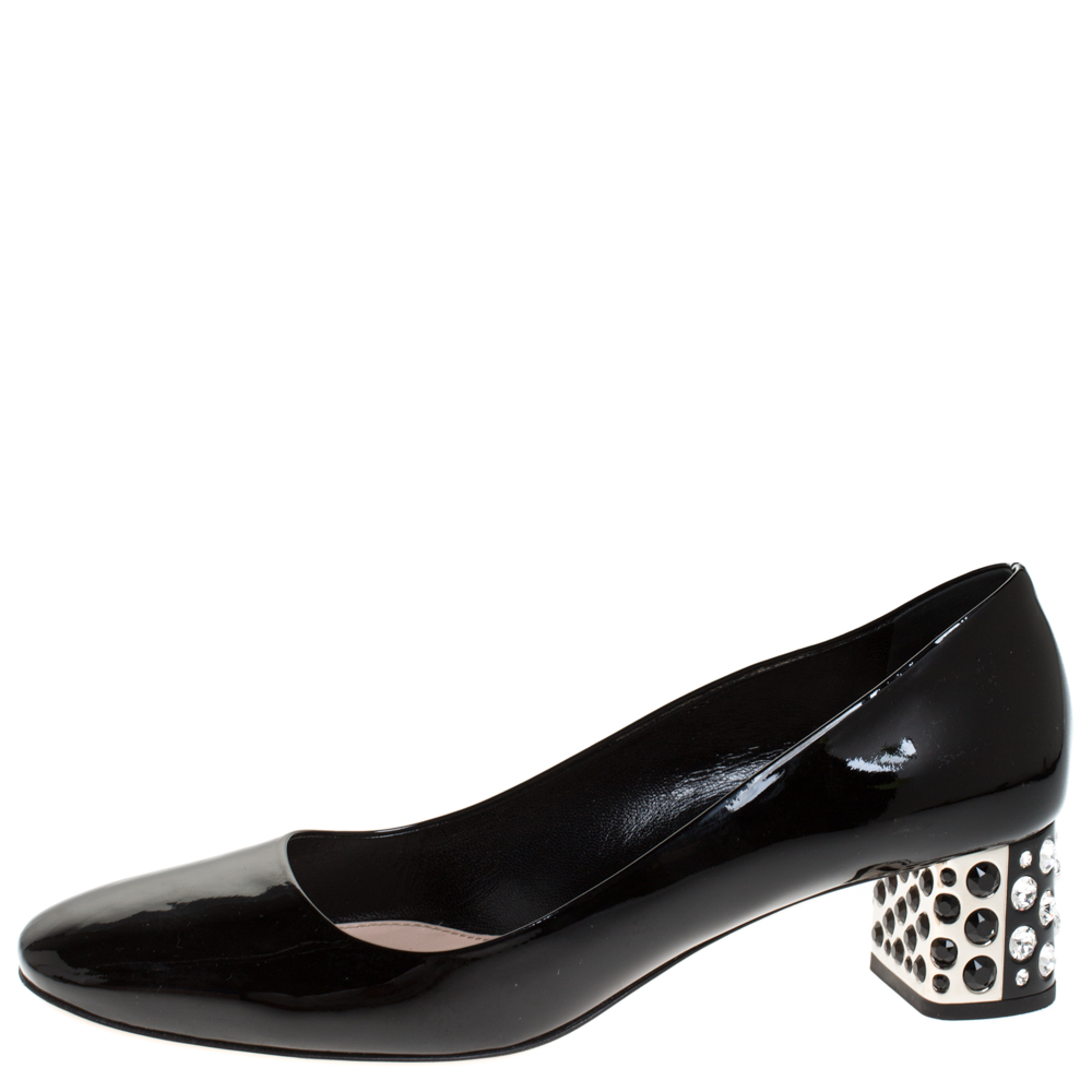 

Miu Miu Black Patent Leather Crystal Embellished Block Heel Pumps Size