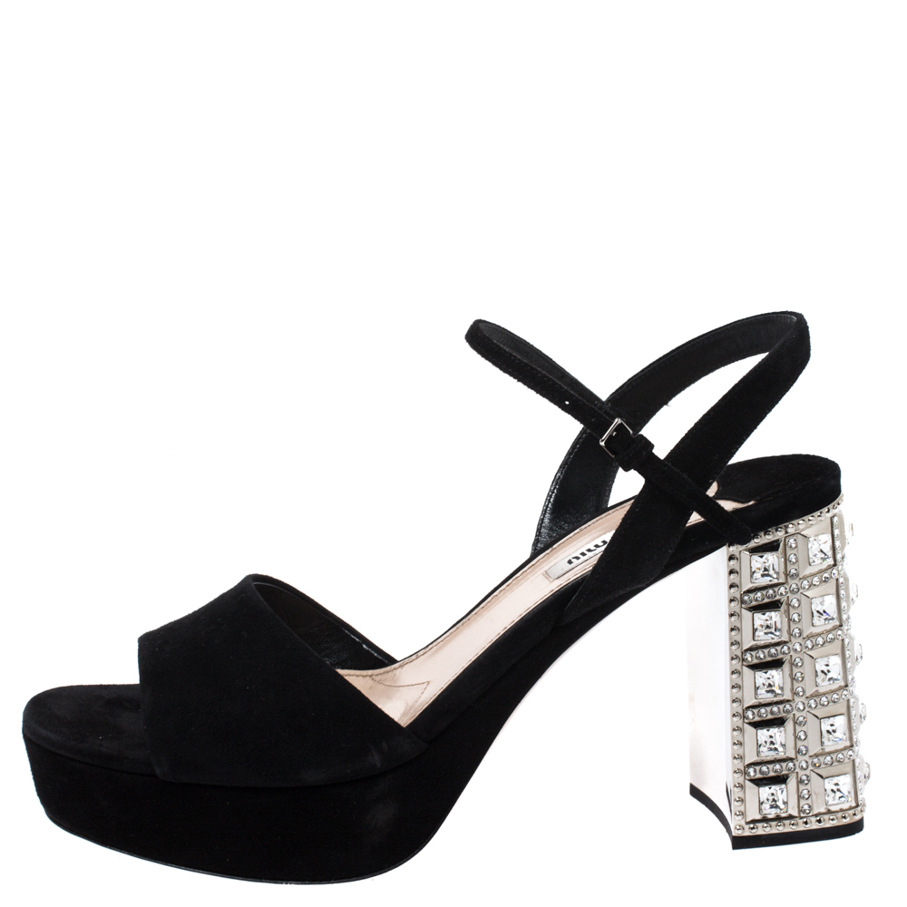 

Miu Miu Black Suede Crystal Embellished Heel Ankle Strap Platform Sandals Size
