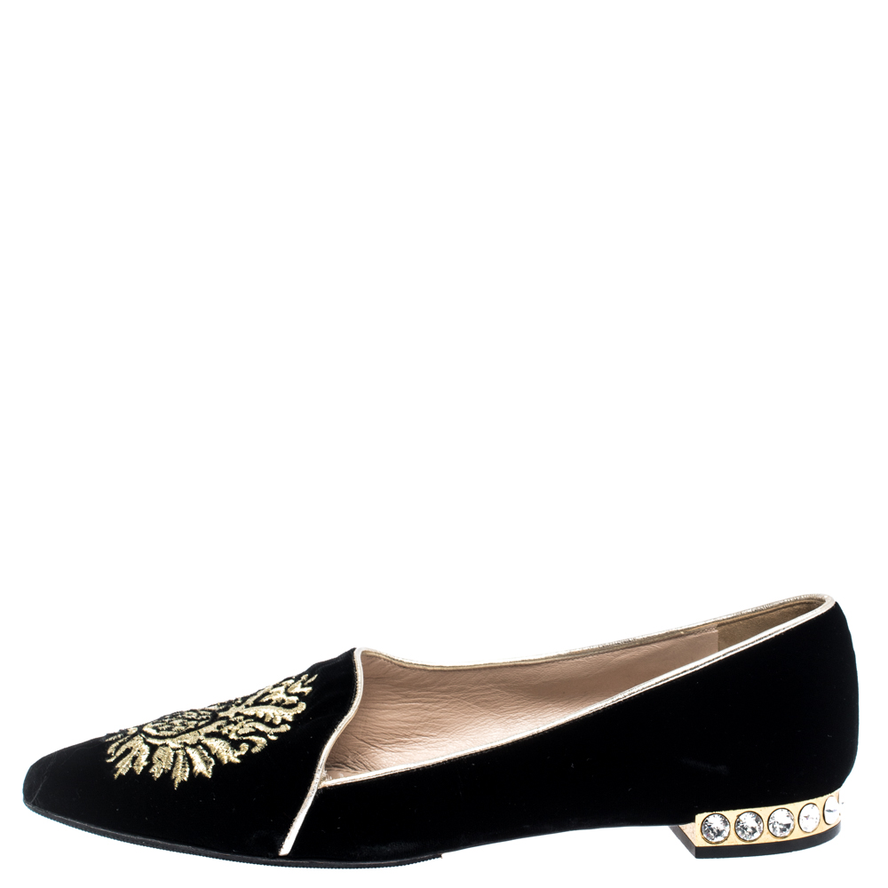 

Miu Miu Black Velvet Embroidered Crystal Embellished Pointed Toe Flats Size