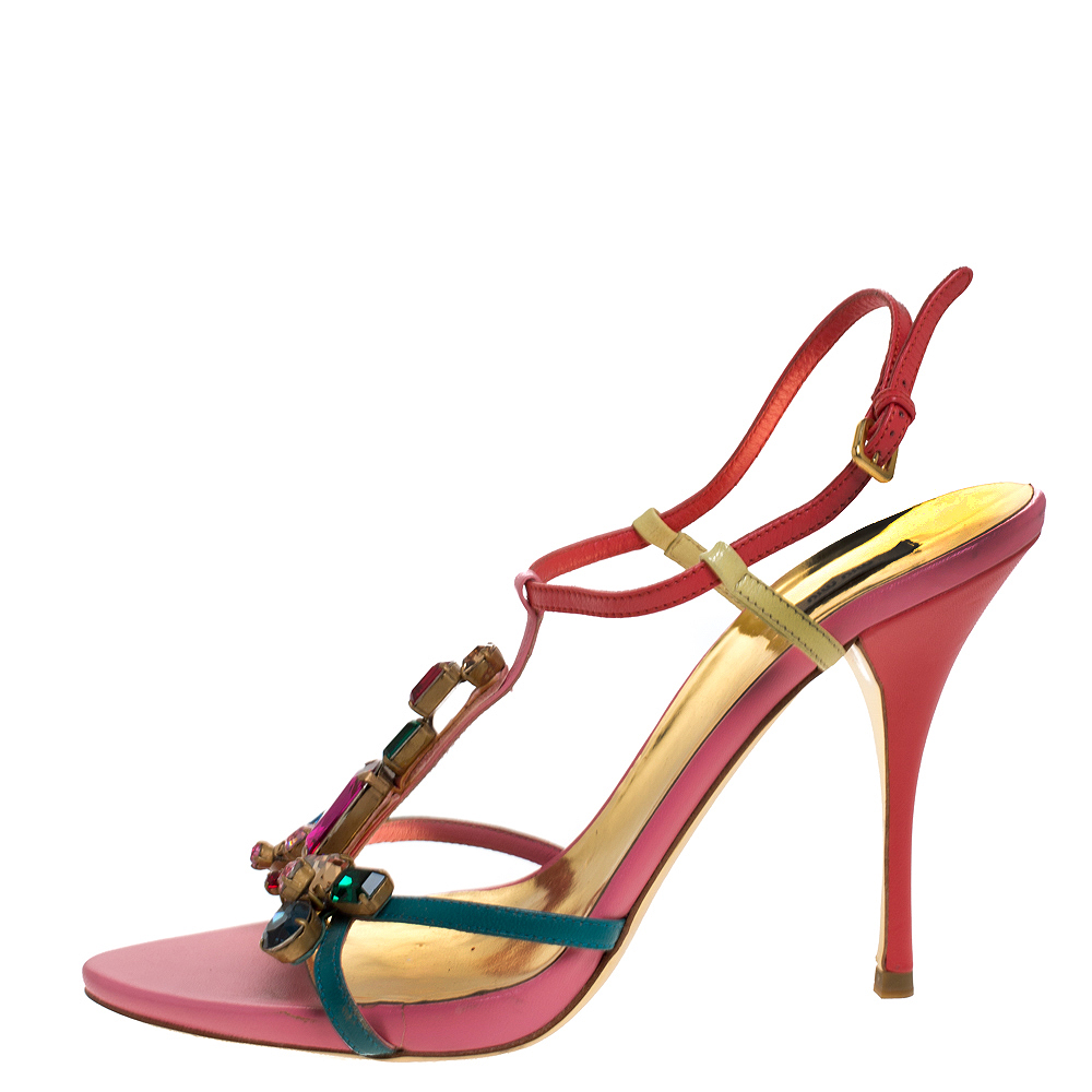 

Miu Miu Multicolor Gems Embellished Leather T- Strap Sandals Size