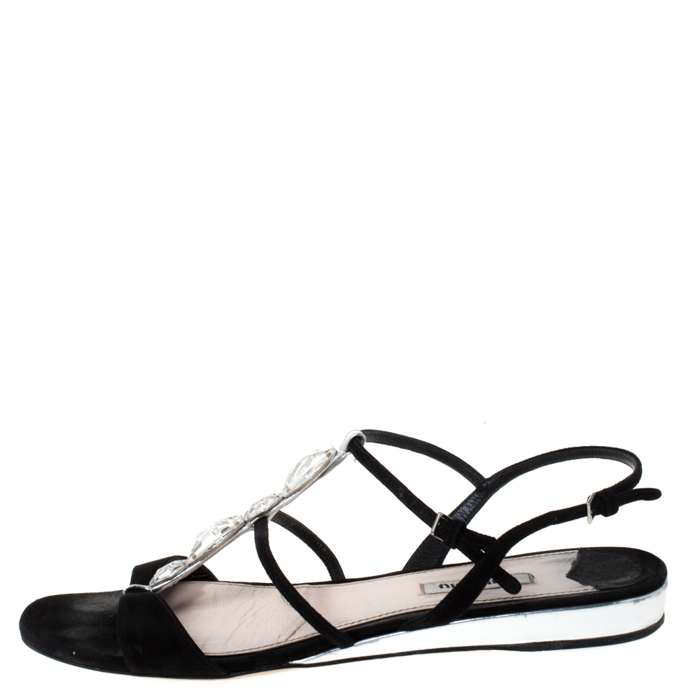 

Miu Miu Black Suede Leather Crystal Embellished Strappy Flat Sandals Size