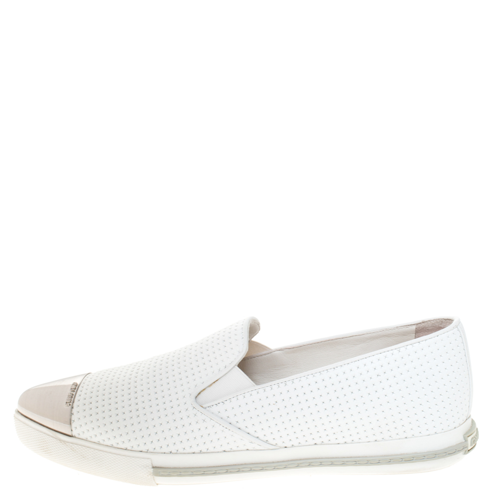 

Miu Miu White Perforated Leather Metal Cap Toe Slip On Sneakers Size
