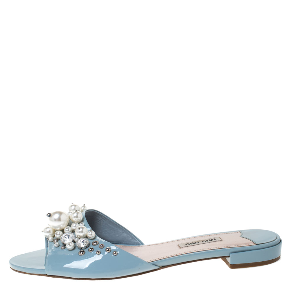 

Miu Miu Blue Patent Leather Pearl Embellished Slides Sandals Size