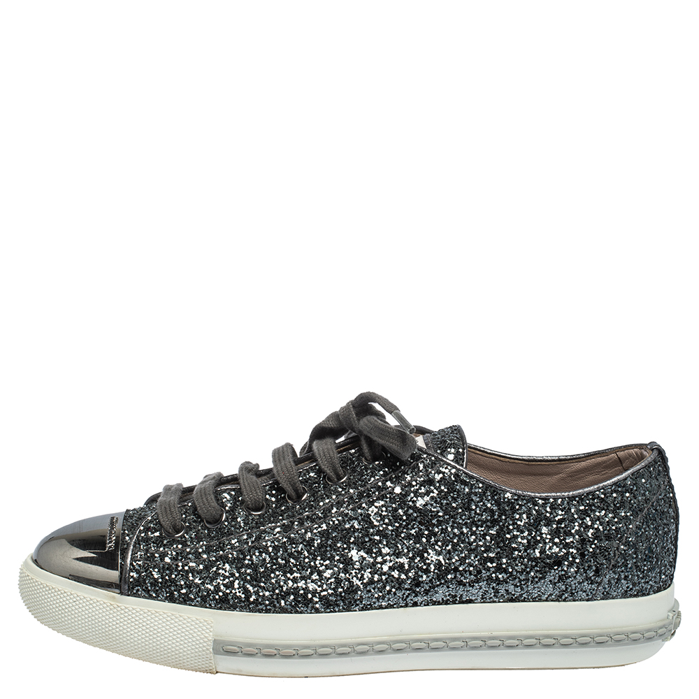 

Miu Miu Metallic Grey Glitter And Metal Cap Toe Low Top Sneakers Size