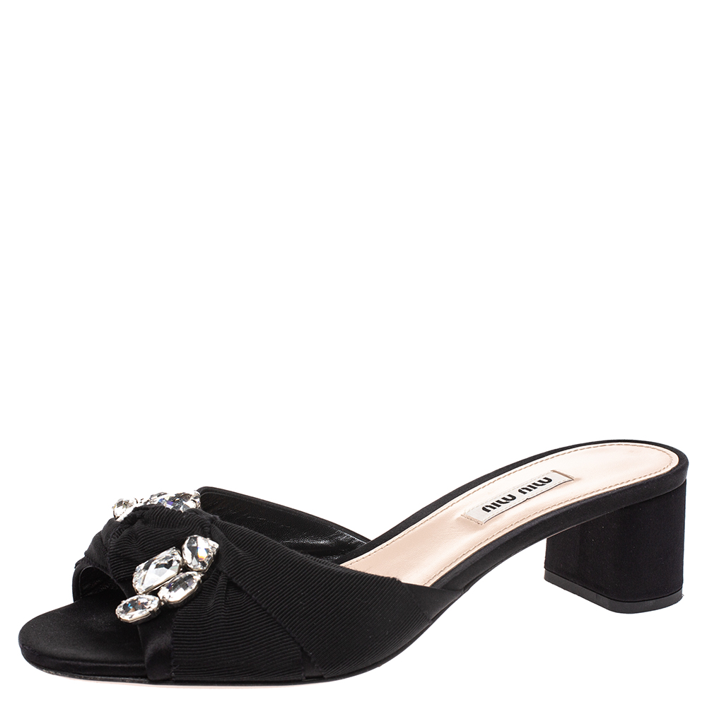 Miu Miu Black Satin Crystal Embellished Open Toe Sandals Size 38.5