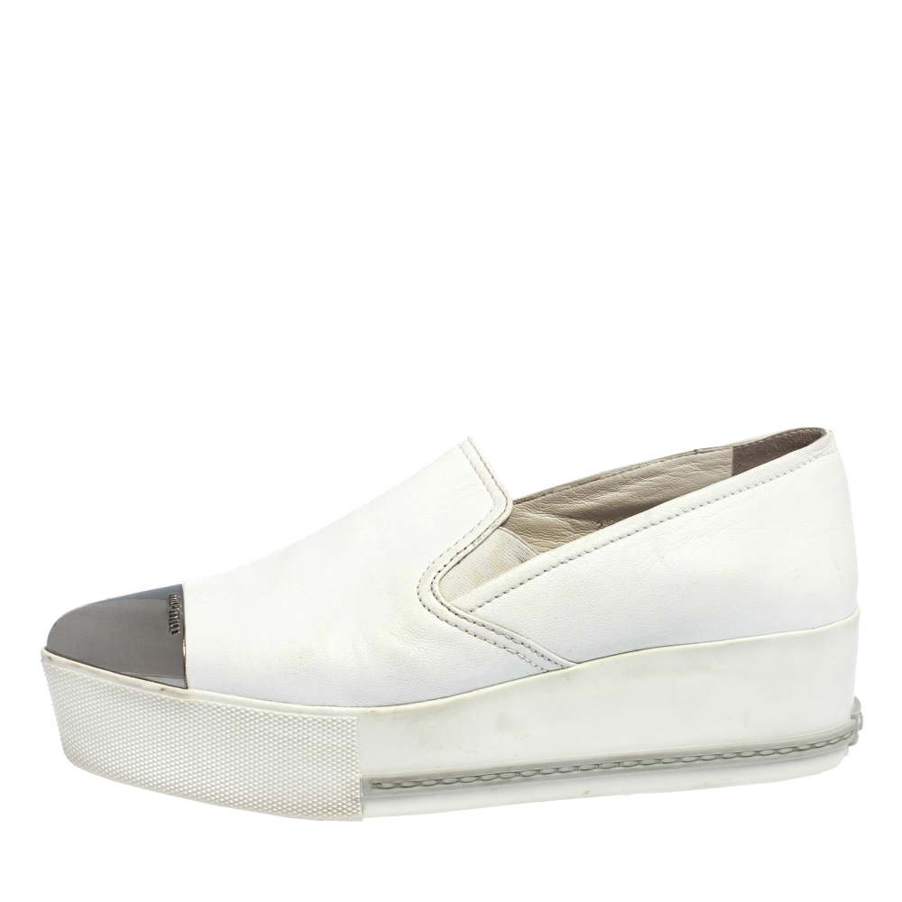 

Miu Miu White Leather Metal Cap Toe Platform Slip On Sneakers Size