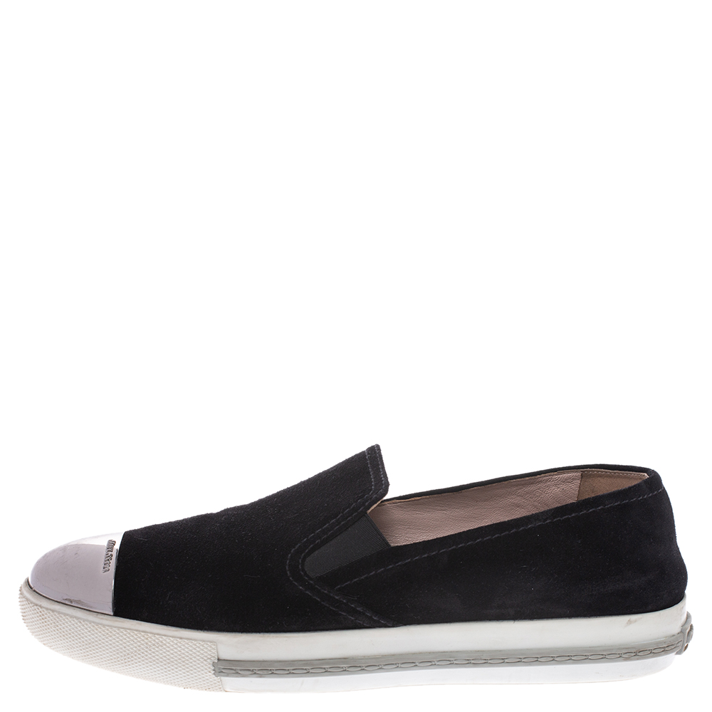 

Miu Miu Black Suede Metal Cap Toe Platform Slip On Sneakers Size