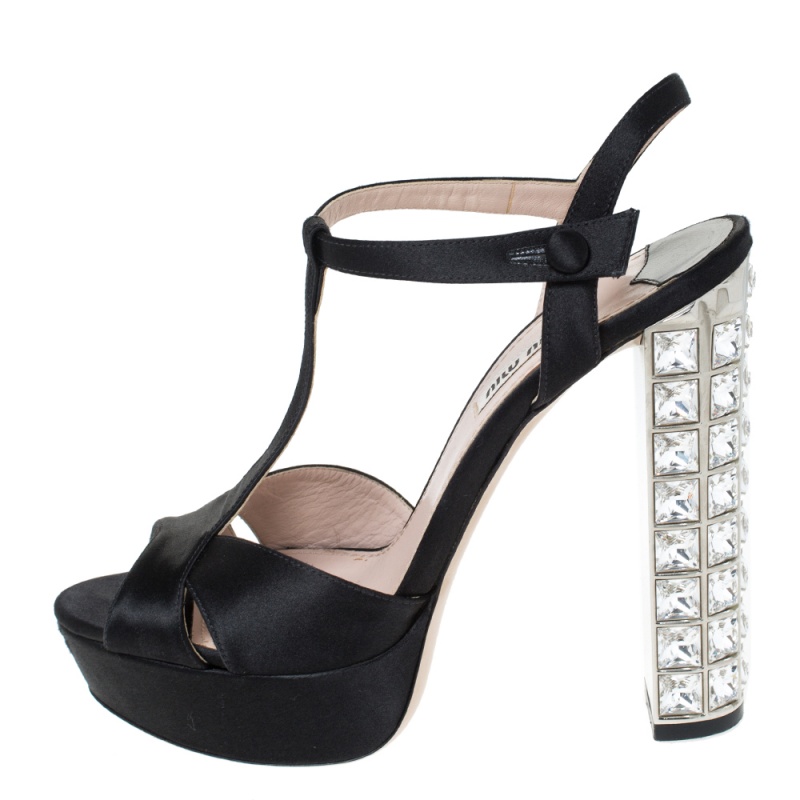 

Miu Miu Black Cut Out Satin T Strap Crystal Embellished Heel Platform Sandals Size