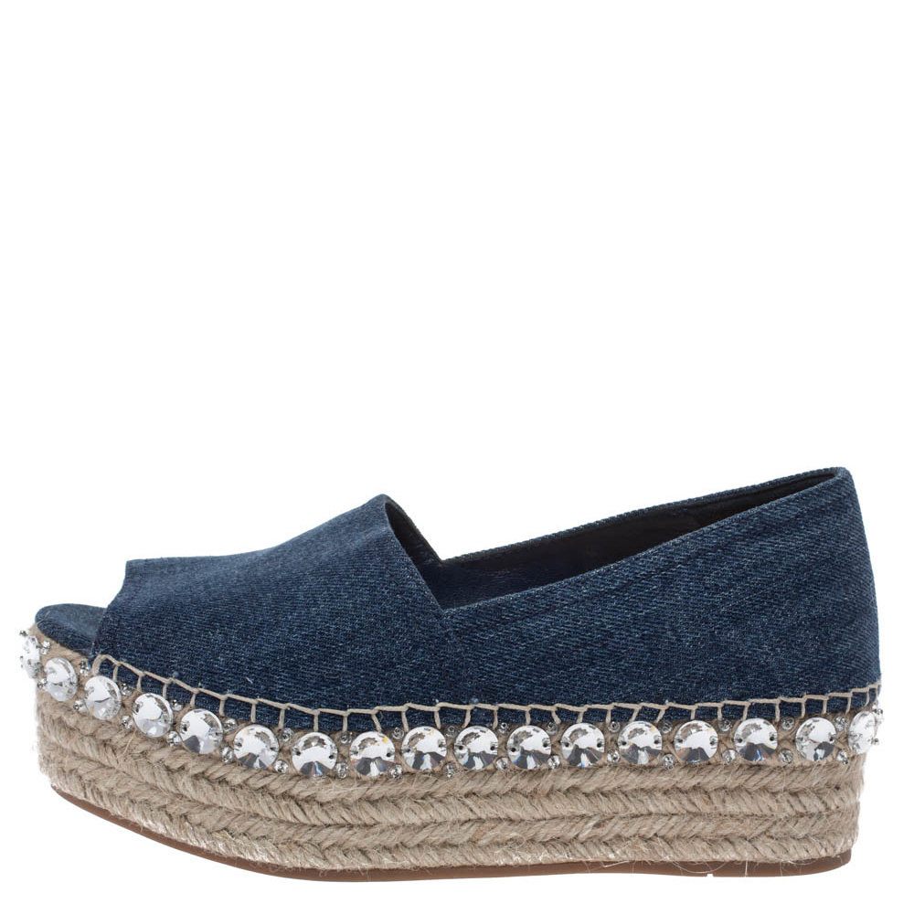 

Miu Miu Indigo Dark Wash Denim Crystal Embellished Peep Toe Platform Espadrilles Size, Blue