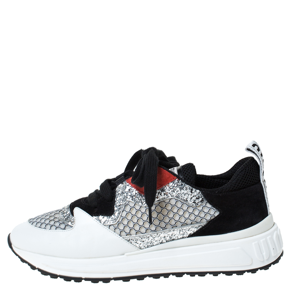 

Miu Miu Multicolor Leather, Mesh And Glitter Fabric Lace Up Sneakers Size