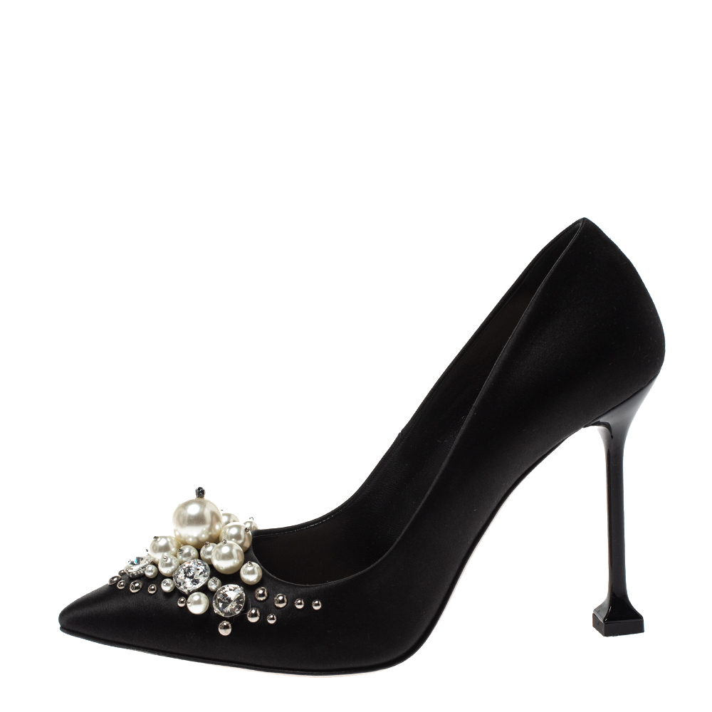 

Miu Miu Black Satin Crystal and Pearl Embellished Pointed Toe Pumps Size