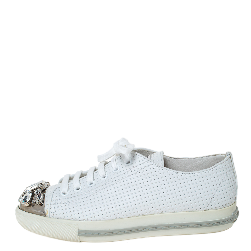 

Miu Miu White Perforated Leather Crystal Embellished Cap Toe Sneakers Size