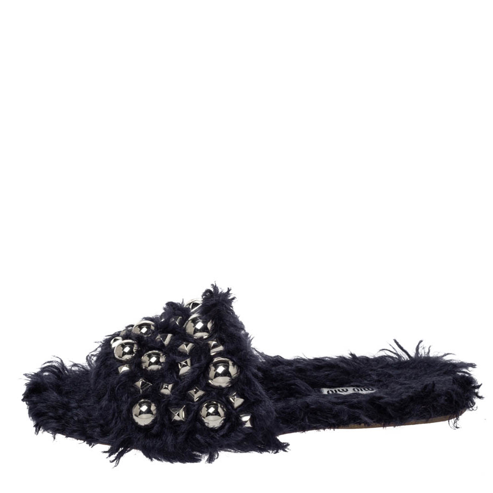

Miu Miu Dark Blue Fur Embellished Flat Slides Size