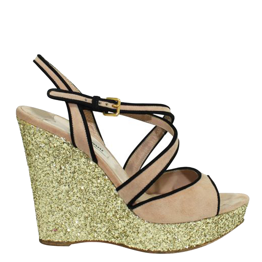Click to view more detailed imagery on our partner's website Pre-owned Miu Miu Beige Suede Glitter Wedge Sandals