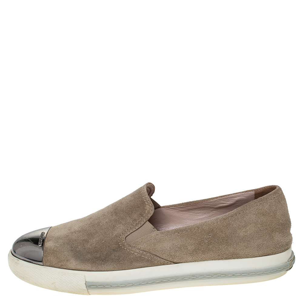 

Miu Miu Grey Suede Metal Cap Toe Platform Slip On Sneakers Size