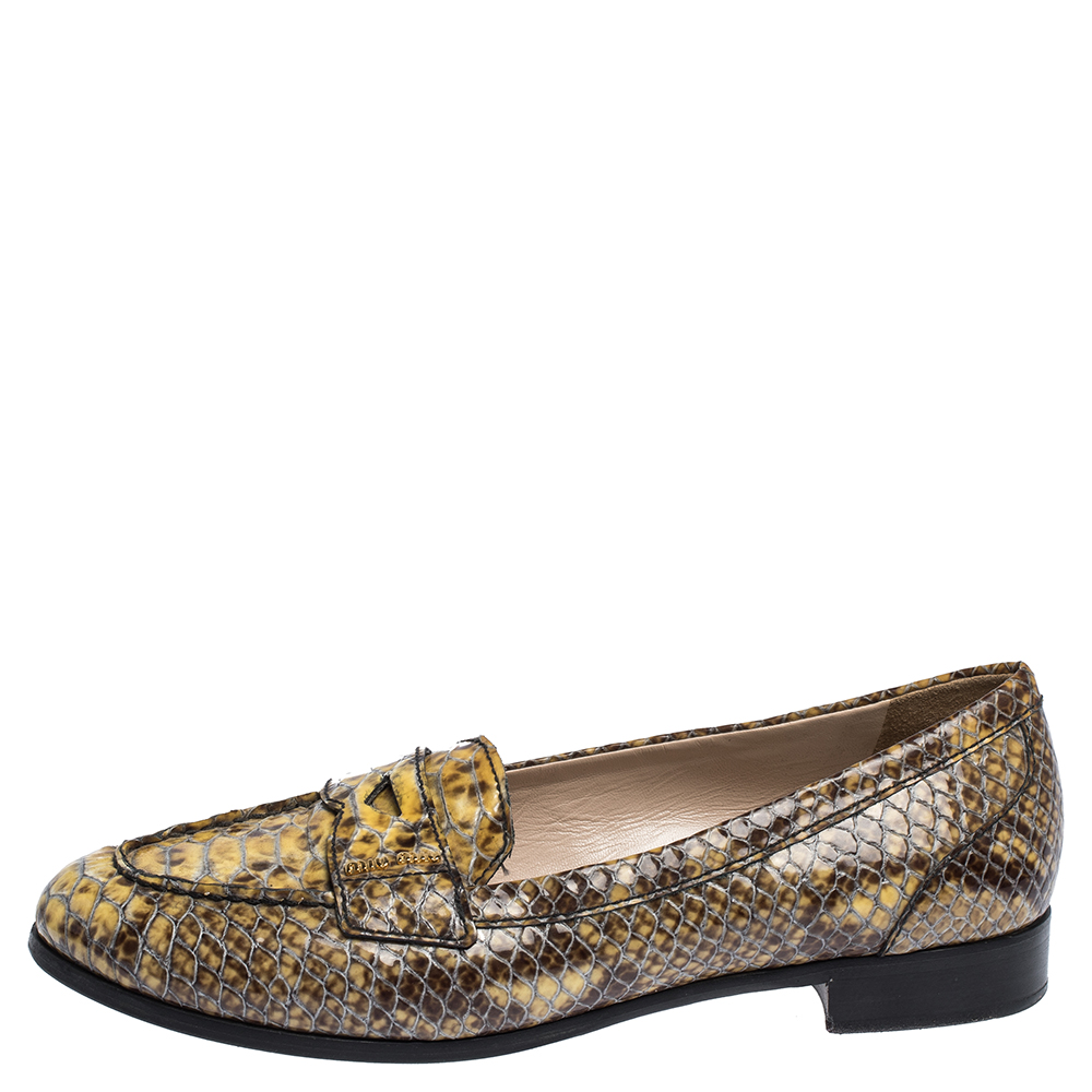 

Miu Miu Yellow/Black Snake Embossed Leather Penny Loafers Size