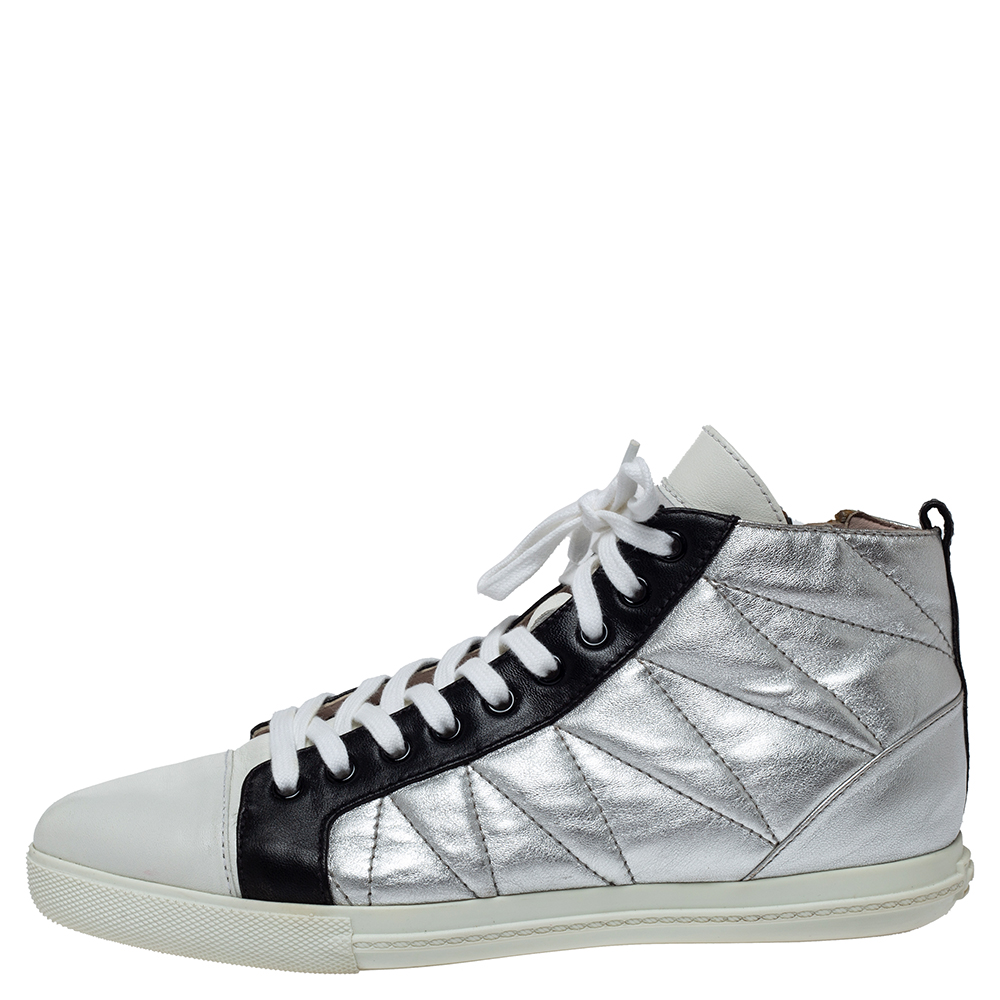 

Miu Miu Silver/Black Quilted Leather Lace Up Zipper Sneakers Size