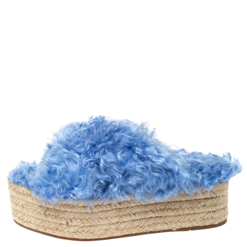 

Miu Miu Blue Faux Fur Flat Platform Espadrille Sandals Size