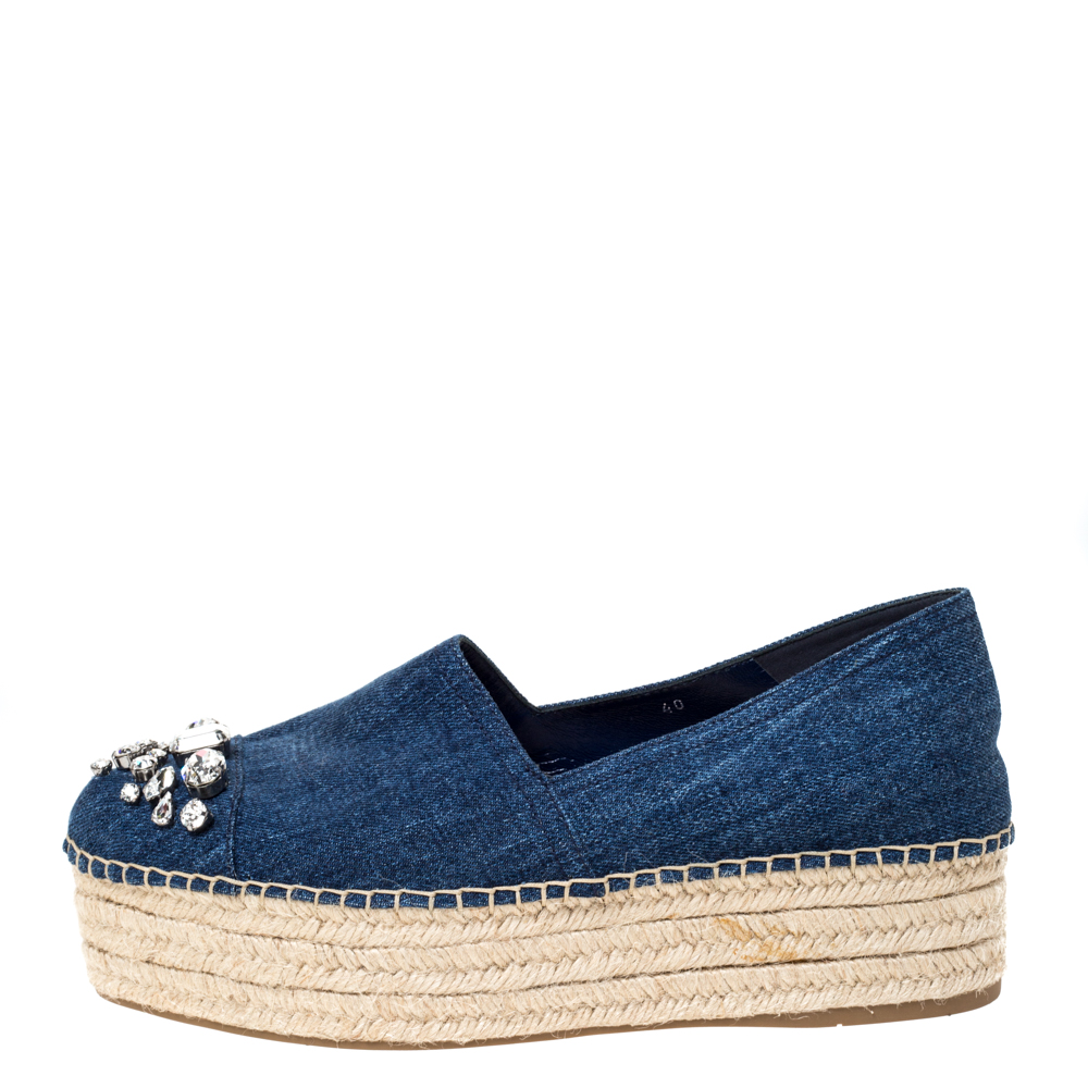 

Miu Miu Blue Denim Fabric Crystal Embellished Platform Espadrilles Flats Size