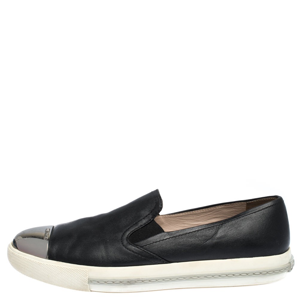 

Miu Miu Black Leather Metal Cap Toe Slip On Sneakers Size