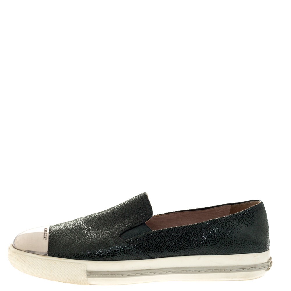 

Miu Miu Green Crackled Leather Metal Cap Toe Slip On Sneakers Size
