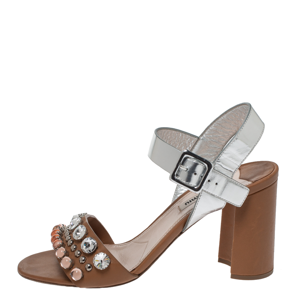 

Miu Miu Brown/Metallic Silver Leather Crystal Embellished Block Heel Ankle Strap Sandals Size