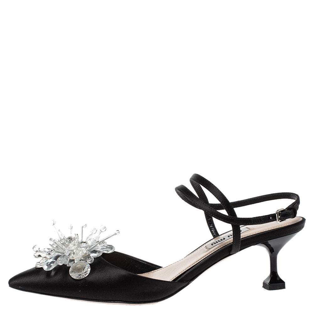 

Miu Miu Black Satin Crystal Embellished Ankle Strap Sandals Size