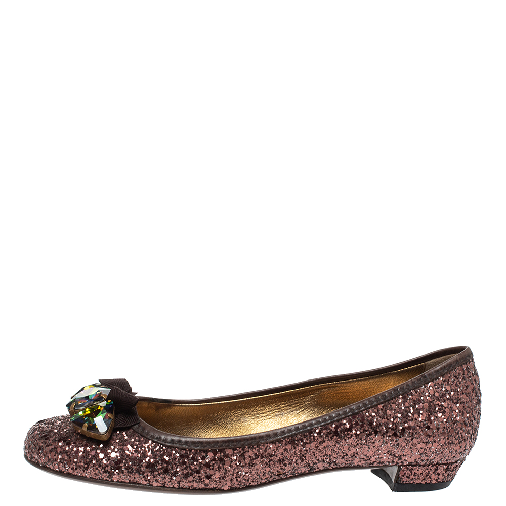 

Miu Miu Metallic Brown Coarse Glitter And Leather Crystal Embellished Bow Ballet Flats Size
